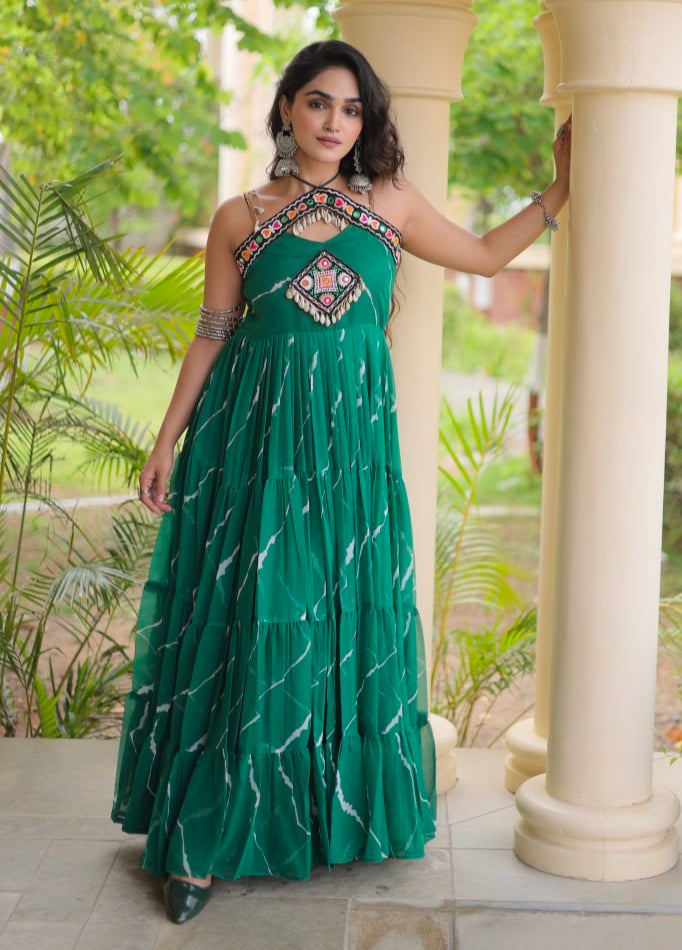 Green Pure Faux Georgette Lahariya Print Kutchi Patchwork Anarkali Long Gown
