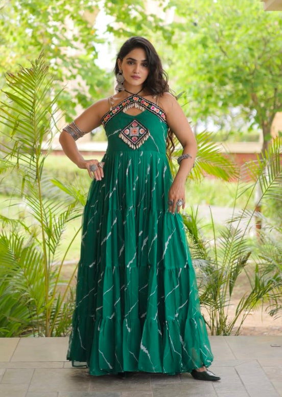 Green Pure Faux Georgette Lahariya Print Kutchi Patchwork Anarkali Long Gown