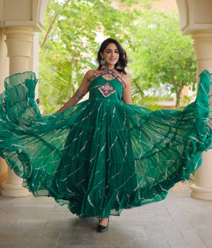 Green Pure Faux Georgette Lahariya Print Kutchi Patchwork Anarkali Long Gown