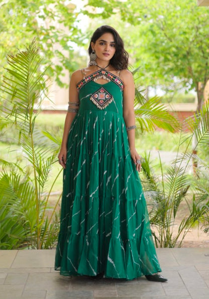 Green Pure Faux Georgette Lahariya Print Kutchi Patchwork Anarkali Long Gown