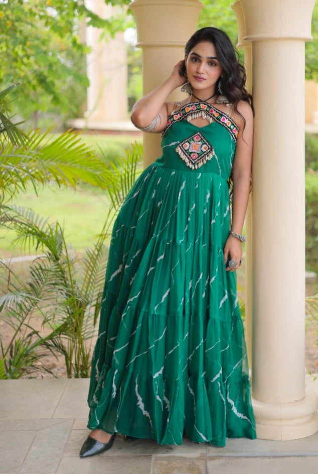 Green Pure Faux Georgette Lahariya Print Kutchi Patchwork Anarkali Long Gown