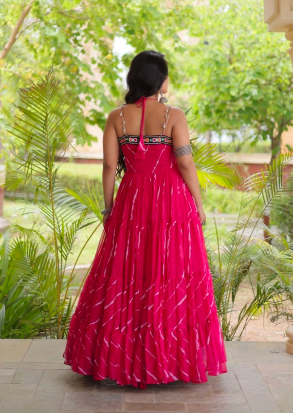 Pink Pure Faux Georgette Lahariya Print Kutchi Patchwork Anarkali Long Gown
