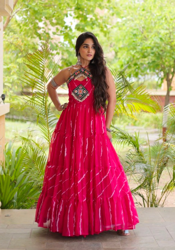 Pink Pure Faux Georgette Lahariya Print Kutchi Patchwork Anarkali Long Gown