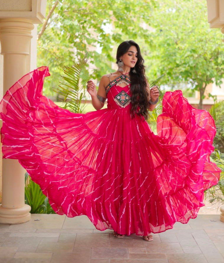 Pink Pure Faux Georgette Lahariya Print Kutchi Patchwork Anarkali Long Gown