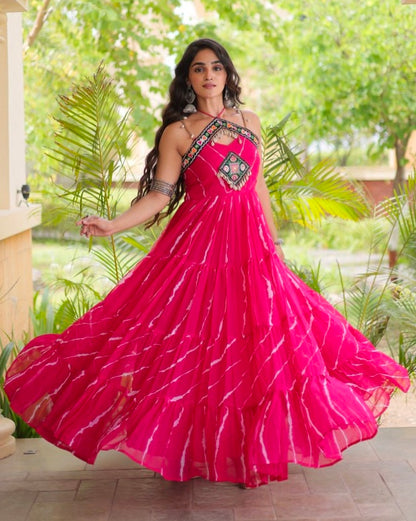 Pink Pure Faux Georgette Lahariya Print Kutchi Patchwork Anarkali Long Gown