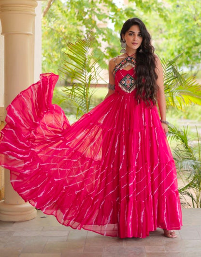 Pink Pure Faux Georgette Lahariya Print Kutchi Patchwork Anarkali Long Gown
