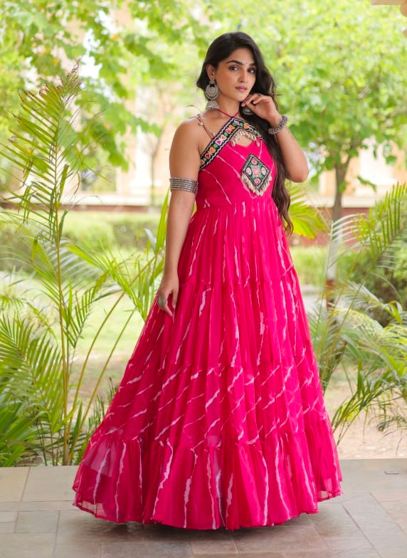 Pink Pure Faux Georgette Lahariya Print Kutchi Patchwork Anarkali Long Gown