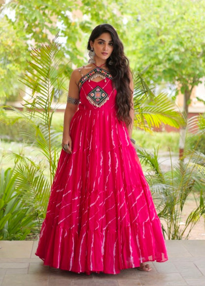Pink Pure Faux Georgette Lahariya Print Kutchi Patchwork Anarkali Long Gown