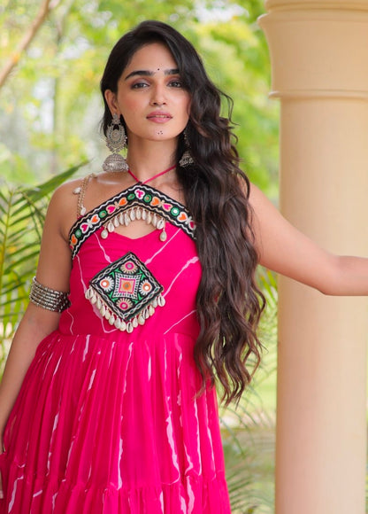 Pink Pure Faux Georgette Lahariya Print Kutchi Patchwork Anarkali Long Gown
