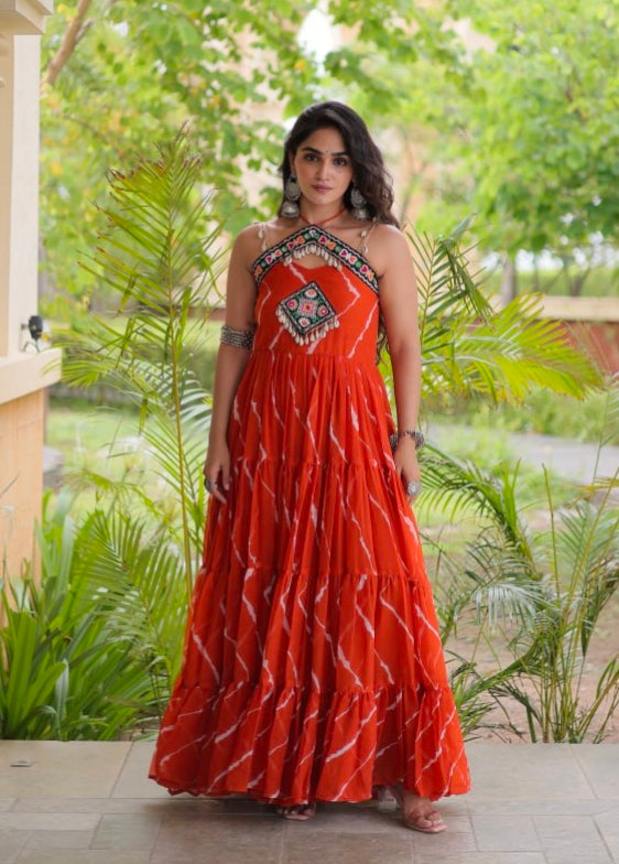 Orange Pure Faux Georgette Lahariya Print Kutchi Patchwork Anarkali Long Gown