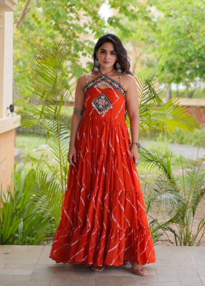Orange Pure Faux Georgette Lahariya Print Kutchi Patchwork Anarkali Long Gown