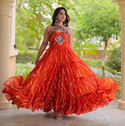 Orange Pure Faux Georgette Lahariya Print Kutchi Patchwork Anarkali Long Gown