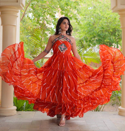 Orange Pure Faux Georgette Lahariya Print Kutchi Patchwork Anarkali Long Gown