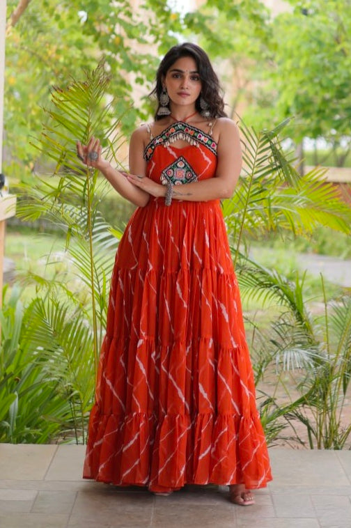 Orange Pure Faux Georgette Lahariya Print Kutchi Patchwork Anarkali Long Gown