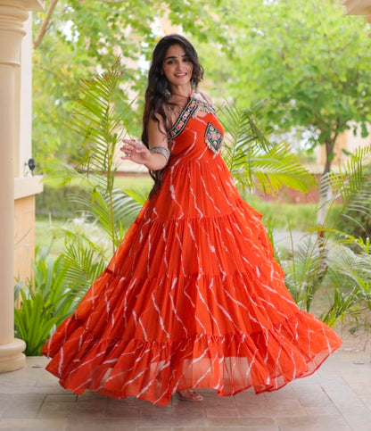 Orange Pure Faux Georgette Lahariya Print Kutchi Patchwork Anarkali Long Gown