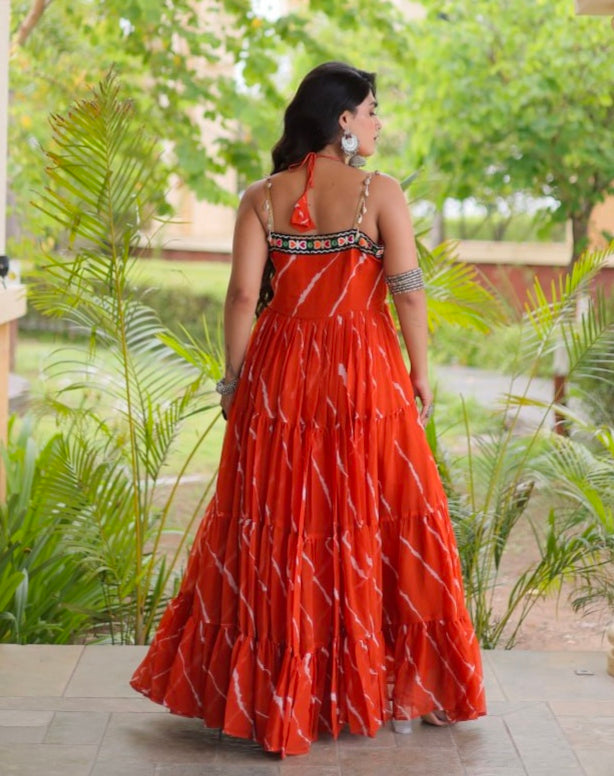 Orange Pure Faux Georgette Lahariya Print Kutchi Patchwork Anarkali Long Gown