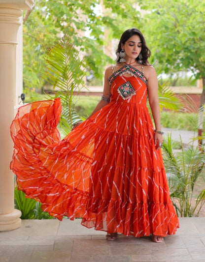 Orange Pure Faux Georgette Lahariya Print Kutchi Patchwork Anarkali Long Gown