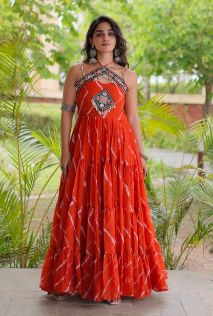 Orange Pure Faux Georgette Lahariya Print Kutchi Patchwork Anarkali Long Gown