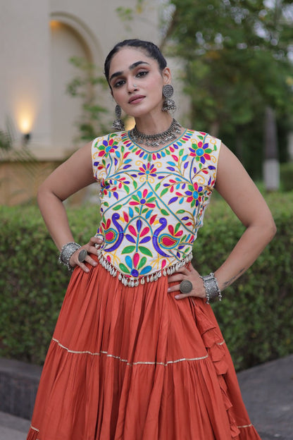 Orange Pure Georgette Lampi Lace Kutchi Work Navratri Lehenga Choli