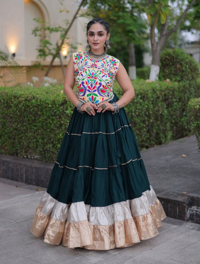 Deep Green Pure Georgette Lampi Lace Kutchi Work Navratri Lehenga Choli