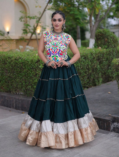 Deep Green Pure Georgette Lampi Lace Kutchi Work Navratri Lehenga Choli