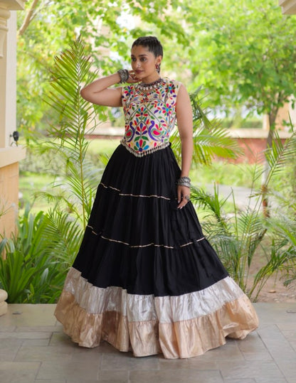 Black Pure Georgette Lampi Lace Kutchi Work Navratri Lehenga Choli