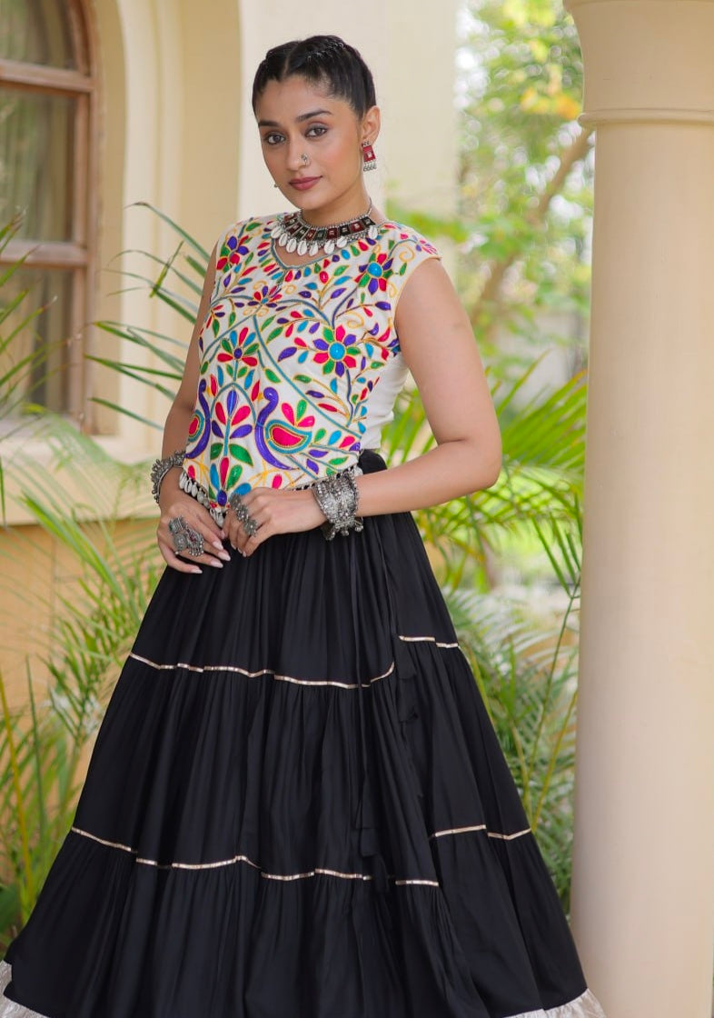 Black Pure Georgette Lampi Lace Kutchi Work Navratri Lehenga Choli
