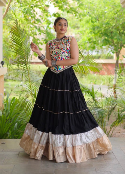 Black Pure Georgette Lampi Lace Kutchi Work Navratri Lehenga Choli