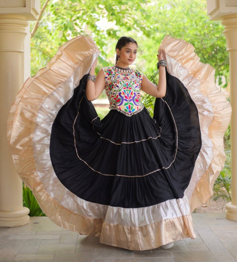 Black Pure Georgette Lampi Lace Kutchi Work Navratri Lehenga Choli