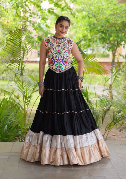 Black Pure Georgette Lampi Lace Kutchi Work Navratri Lehenga Choli