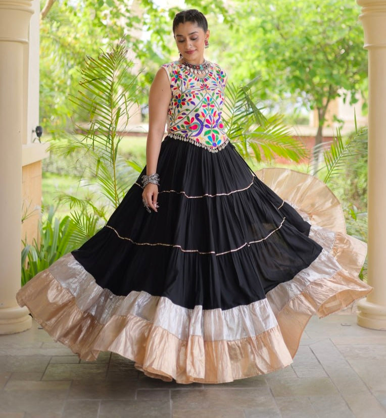 Black Pure Georgette Lampi Lace Kutchi Work Navratri Lehenga Choli