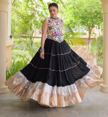 Black Pure Georgette Lampi Lace Kutchi Work Navratri Lehenga Choli