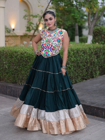 Deep Green Pure Georgette Lampi Lace Kutchi Work Navratri Lehenga Choli