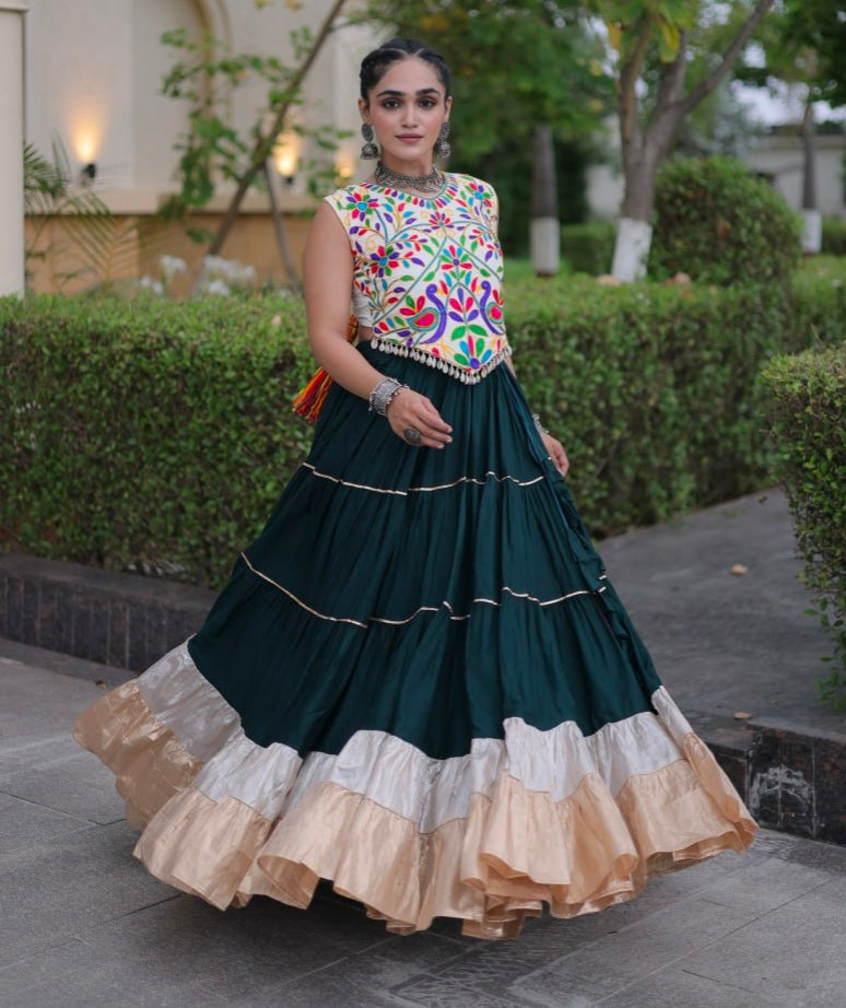 Deep Green Pure Georgette Lampi Lace Kutchi Work Navratri Lehenga Choli