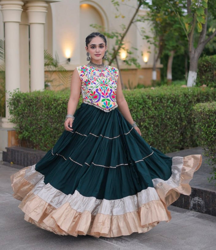 Deep Green Pure Georgette Lampi Lace Kutchi Work Navratri Lehenga Choli