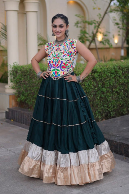 Deep Green Pure Georgette Lampi Lace Kutchi Work Navratri Lehenga Choli