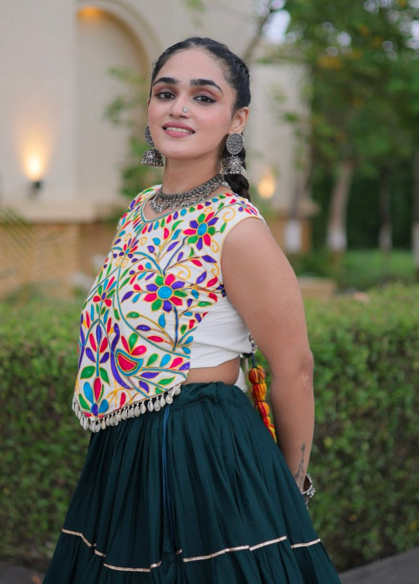 Deep Green Pure Georgette Lampi Lace Kutchi Work Navratri Lehenga Choli
