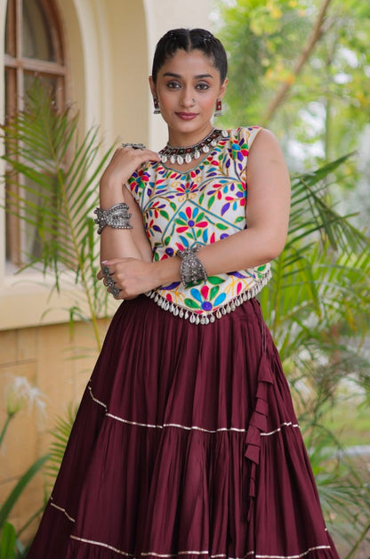 Wine Pure Georgette Lampi Lace Kutchi Work Navratri Lehenga Choli