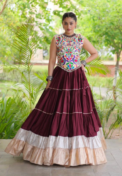Wine Pure Georgette Lampi Lace Kutchi Work Navratri Lehenga Choli