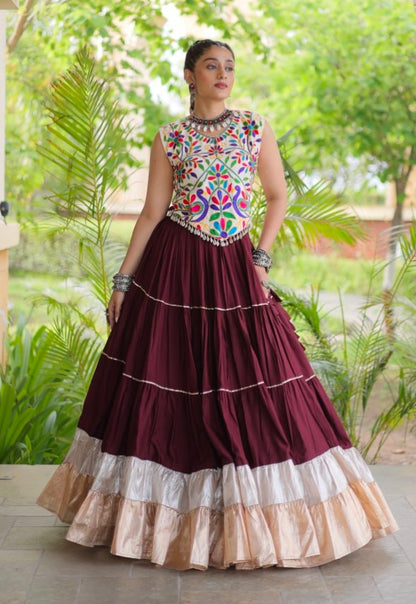 Wine Pure Georgette Lampi Lace Kutchi Work Navratri Lehenga Choli