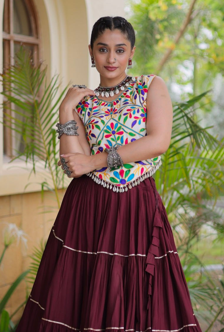 Wine Pure Georgette Lampi Lace Kutchi Work Navratri Lehenga Choli