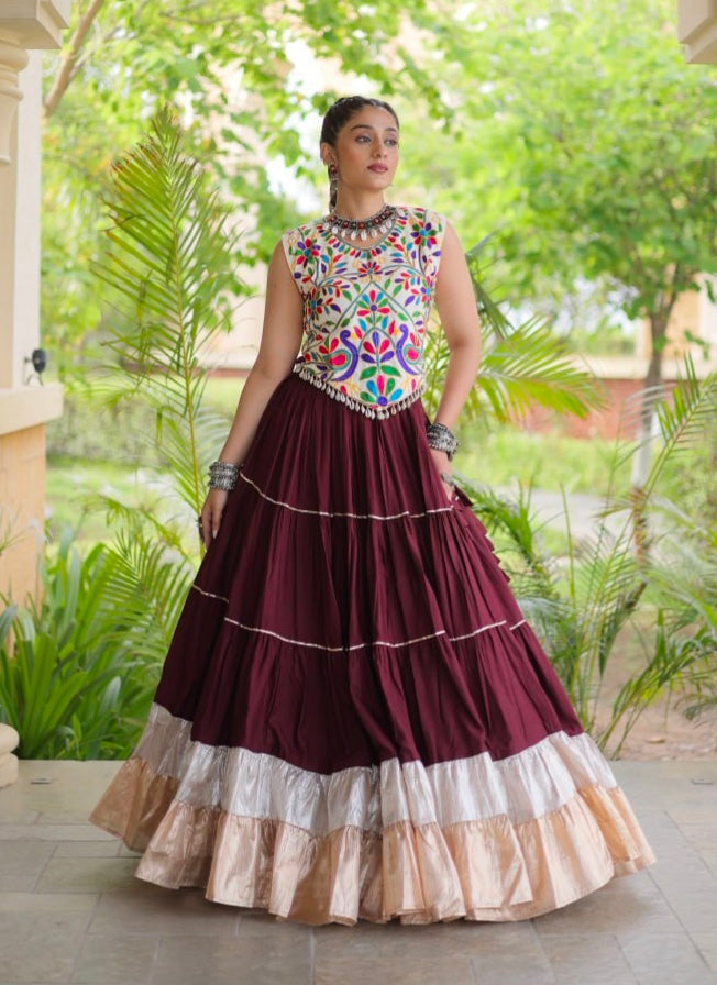 Wine Pure Georgette Lampi Lace Kutchi Work Navratri Lehenga Choli