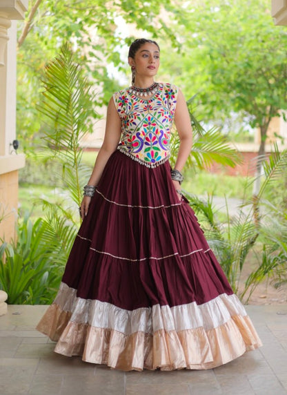 Wine Pure Georgette Lampi Lace Kutchi Work Navratri Lehenga Choli