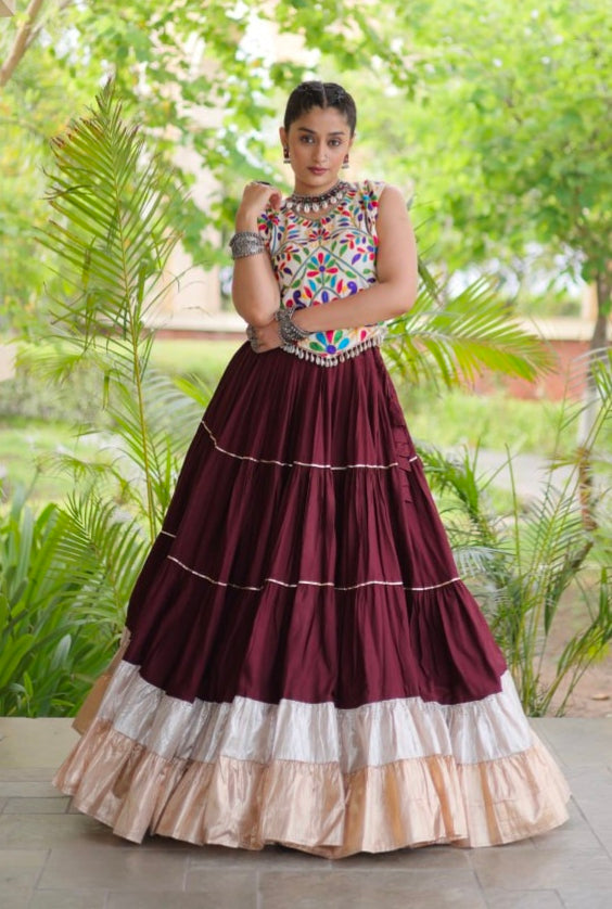 Wine Pure Georgette Lampi Lace Kutchi Work Navratri Lehenga Choli