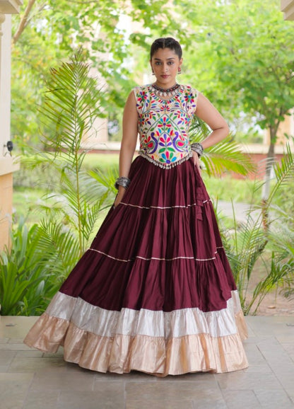 Wine Pure Georgette Lampi Lace Kutchi Work Navratri Lehenga Choli