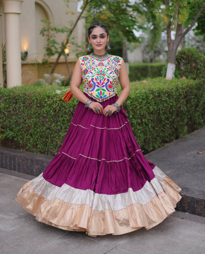 Purple Pure Georgette Lampi Lace Kutchi Work Navratri Lehenga Choli