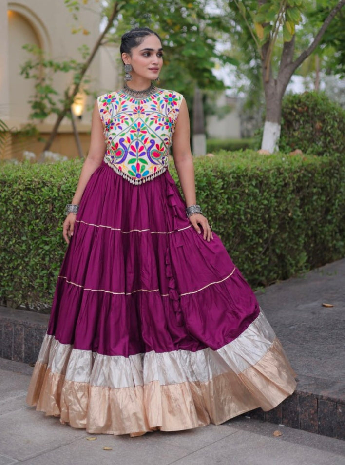 Purple Pure Georgette Lampi Lace Kutchi Work Navratri Lehenga Choli