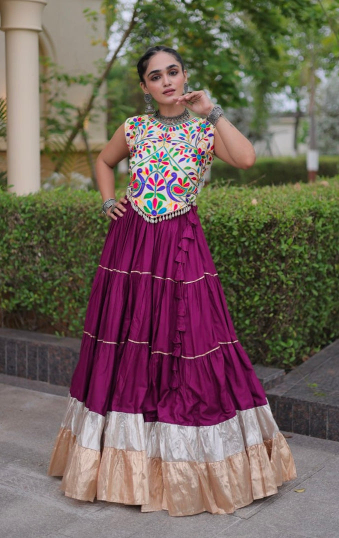 Purple Pure Georgette Lampi Lace Kutchi Work Navratri Lehenga Choli