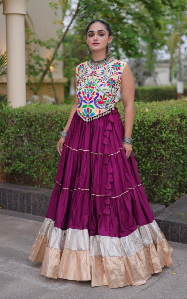 Purple Pure Georgette Lampi Lace Kutchi Work Navratri Lehenga Choli