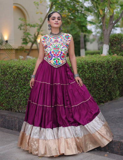 Purple Pure Georgette Lampi Lace Kutchi Work Navratri Lehenga Choli